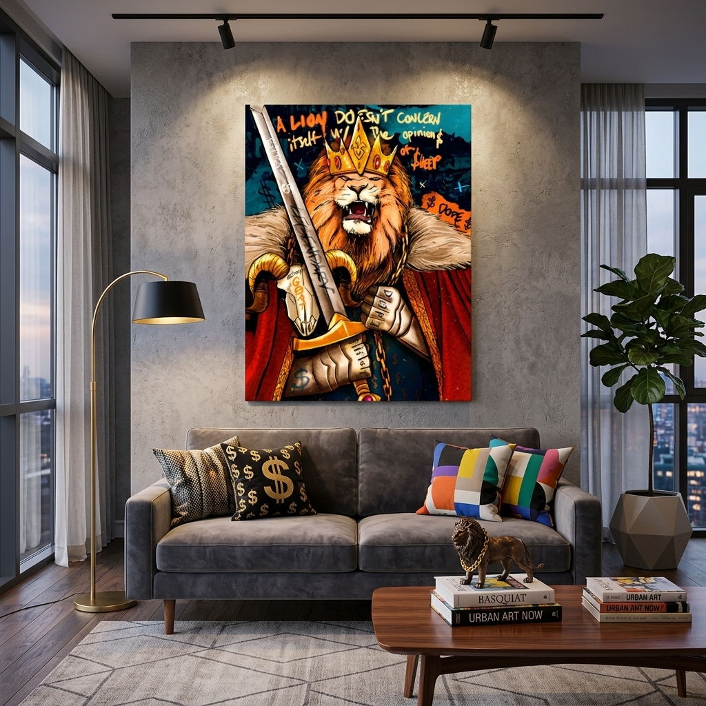 Ein Löwenmensch mit einer Krone und einem Schwert in seinen Händen. Motivierender Kunstdruck auf Leinwand.