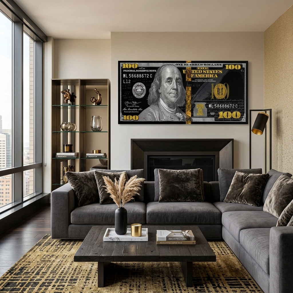 100 Dollar Schwarz, Grau und Gold Inspirierender Leinwand-Kunstdruck
