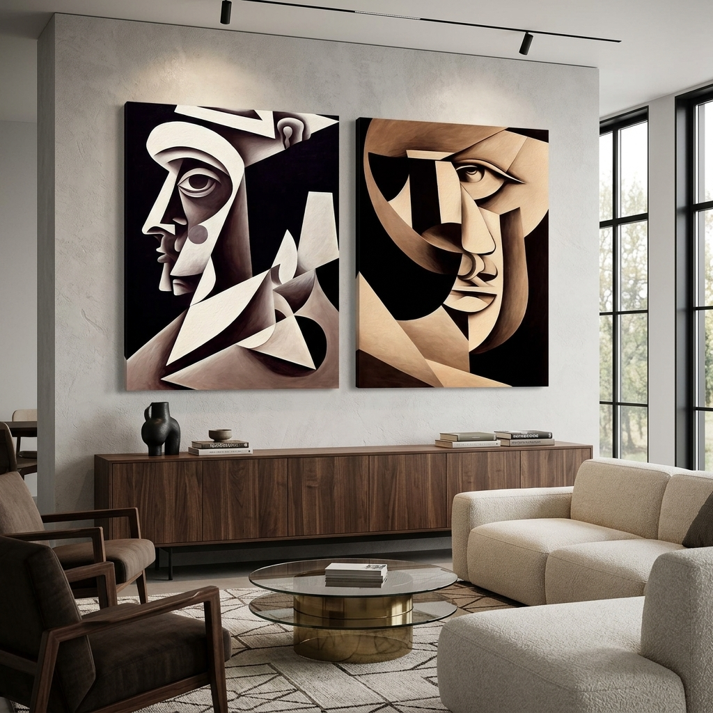 Modulares 2-teiliges Diptychon „Zwei Porträts, abstrakter Kubismus“, mehrteiliger Kunstdruck auf Leinwand