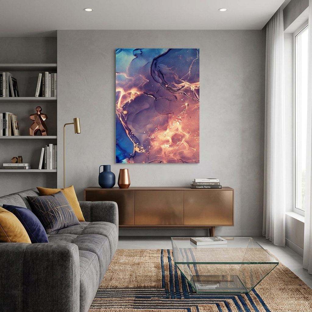 Violetter Puder mit blauen und goldenen Tönen Abstraktion Leinwand Wand Kunstdruck