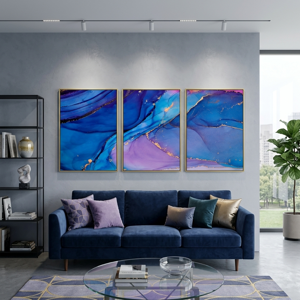 Modularer, abstrakter Kunstdruck auf Leinwand, mehrere Teile, Lavendelblau