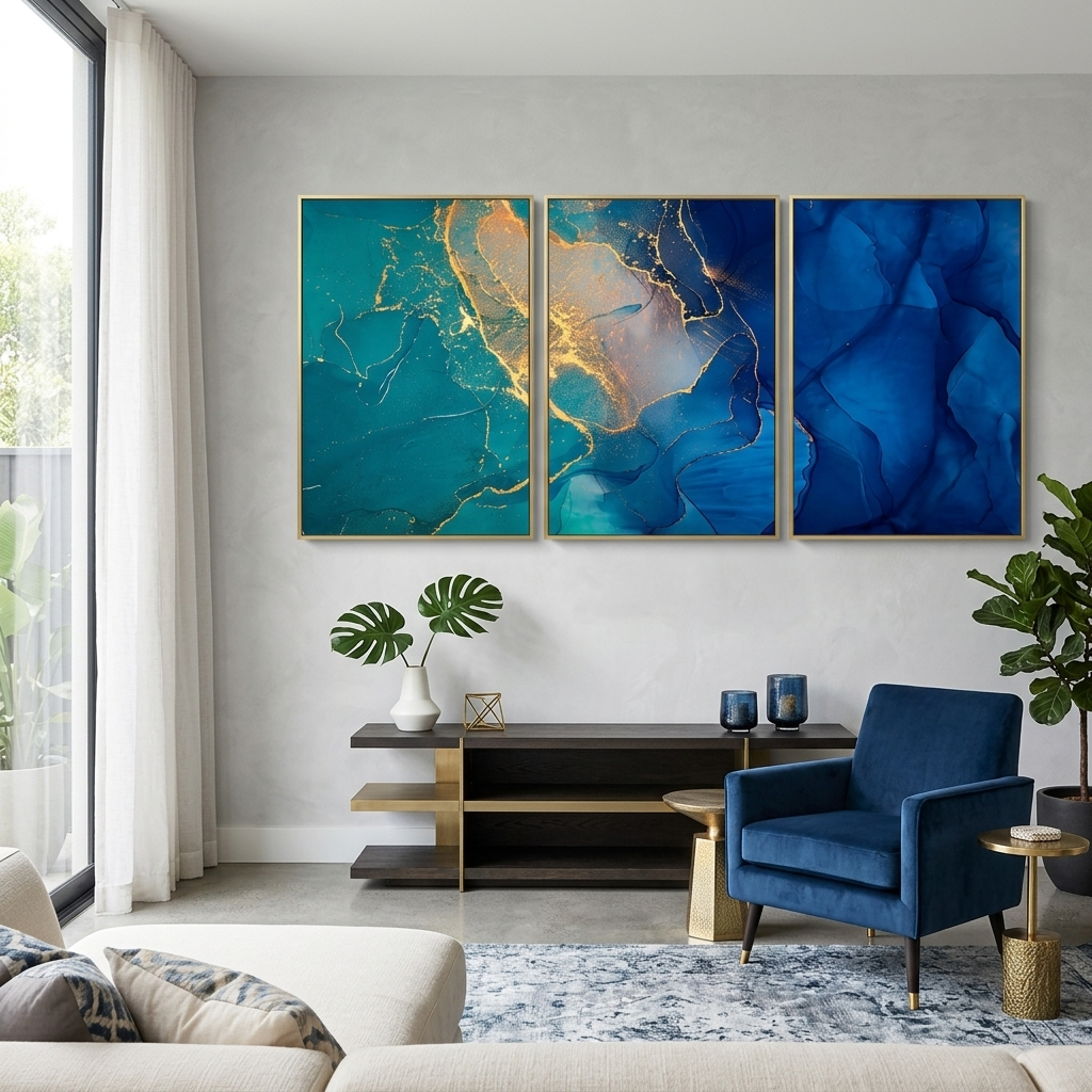Modularer blau-grüner abstrakter mehrteiliger Kunstdruck auf Leinwand