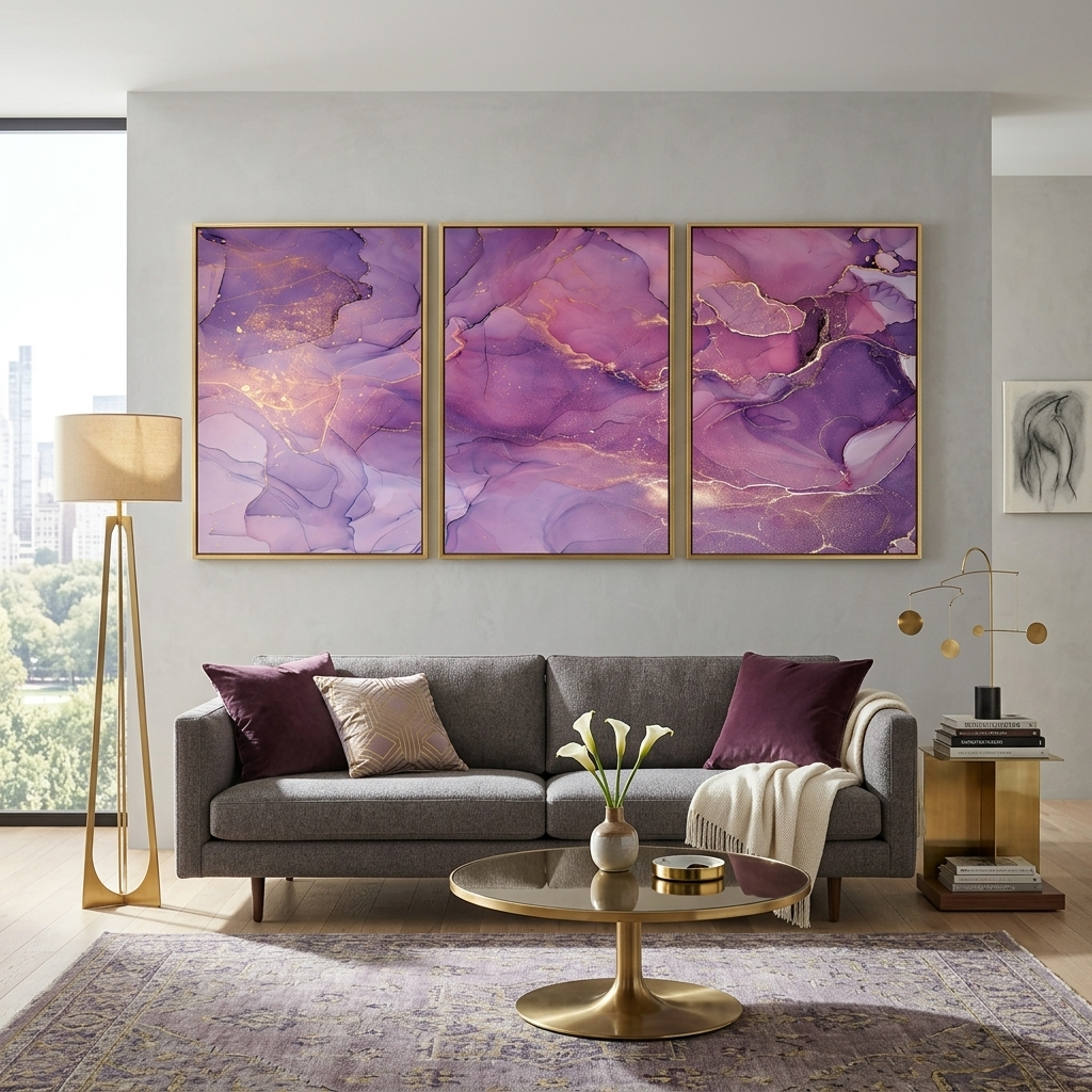 Modularer abstrakter Kunstdruck auf Leinwand, mehrere Teile, Rosa und Lila