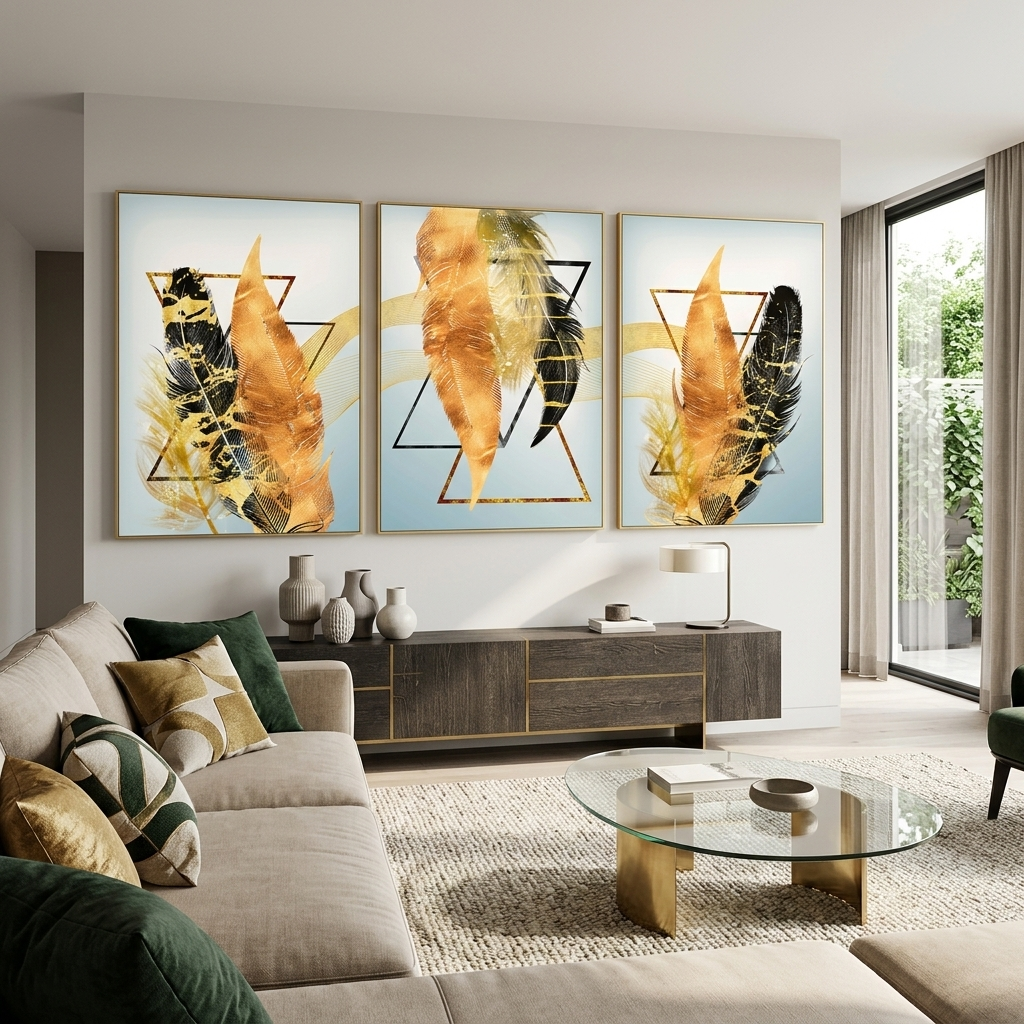 Modularer Kunstdruck auf Leinwand, mehrteilig, mit schwarzen und goldenen Federn