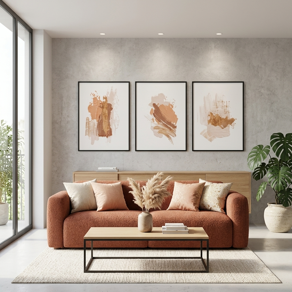 Modularer Kunstdruck auf Leinwand, mehrteilig, mit beigefarbenen Strichen