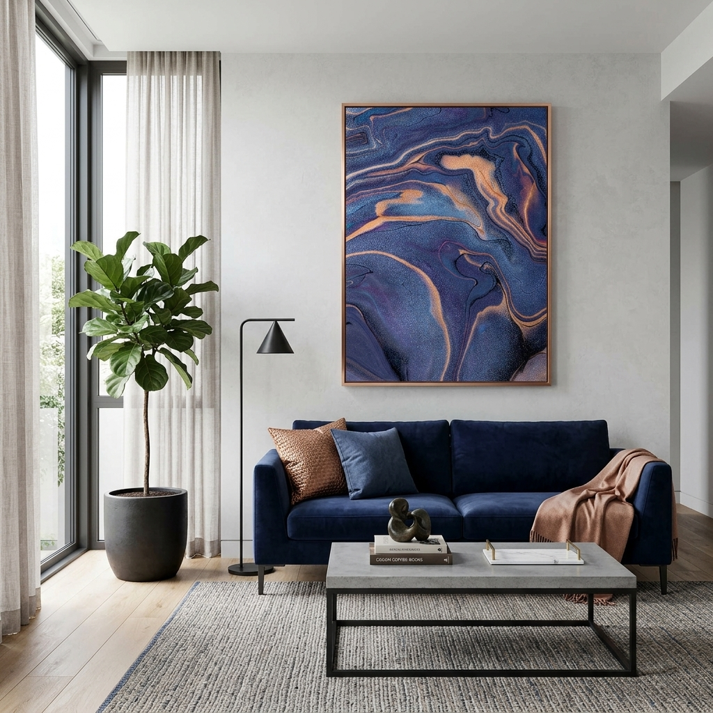 Marineblauer und goldener Abstraktions-Kunstdruck auf Leinwand