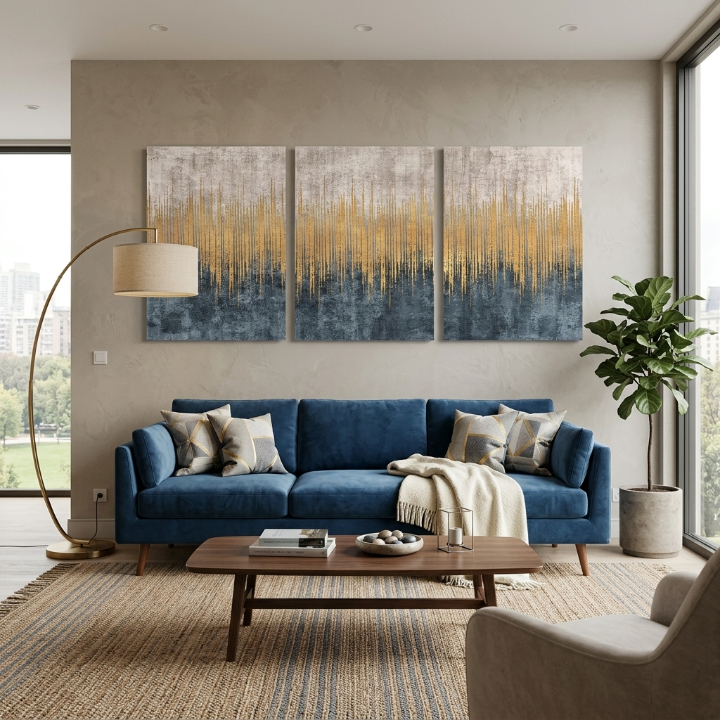 Modularer abstrakter Kunstdruck auf mehrteiliger Leinwand in Beige und Grau mit Gold