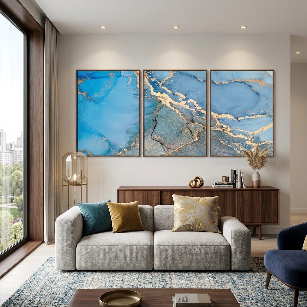 Modularer abstrakter mehrteiliger Kunstdruck auf Leinwand in Blau und Gold
