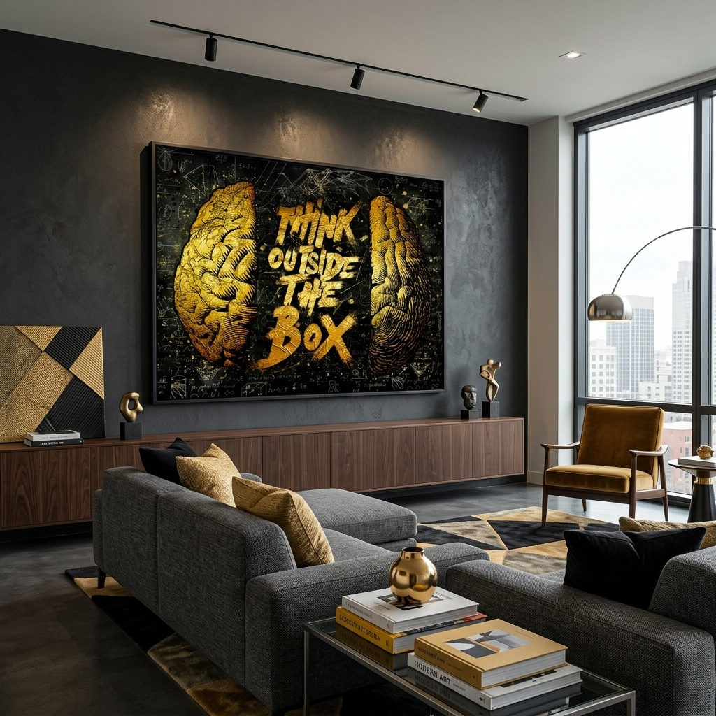 „Think outside the box“ – Schwarz-Gelb – Motivierender Kunstdruck auf Leinwand