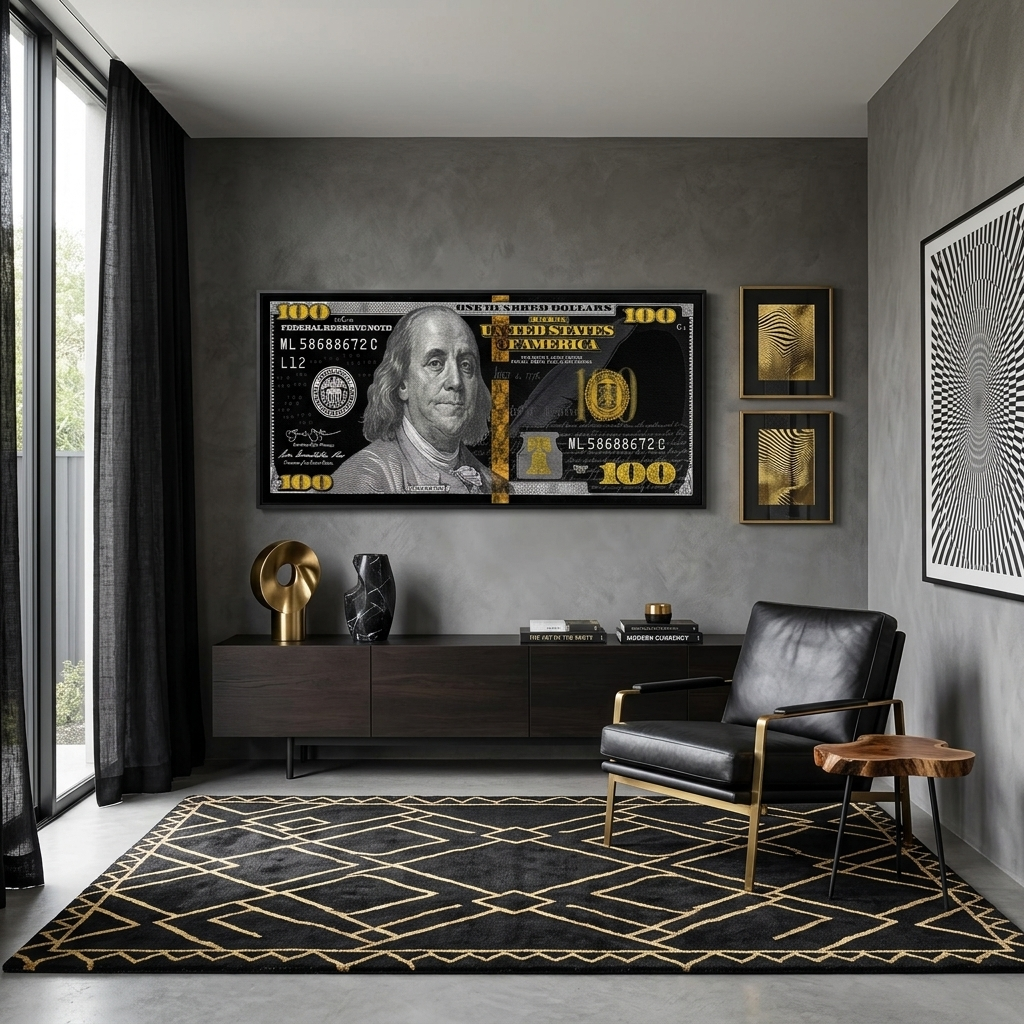 100 Dollar Schwarz, Grau und Gold Inspirierender Leinwand-Kunstdruck