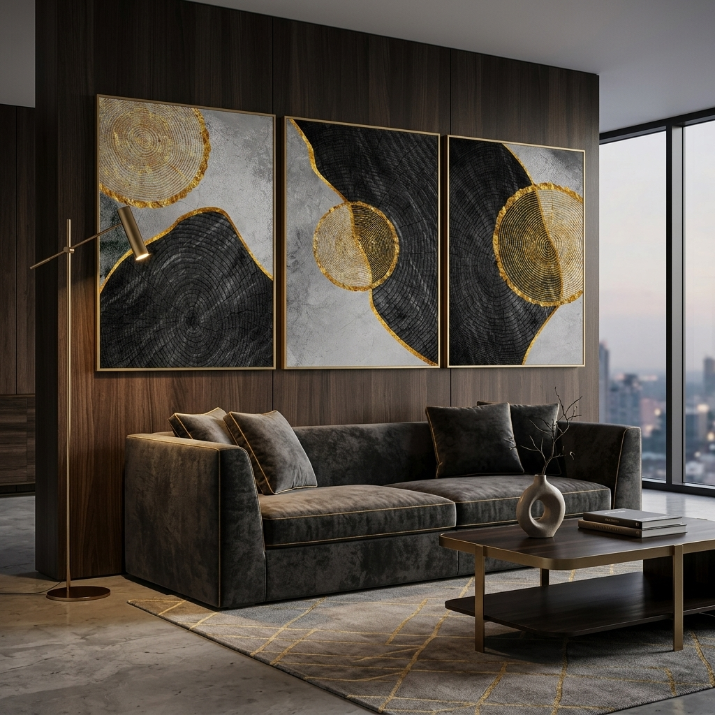 Modularer Kunstdruck auf Leinwand, geometrische Abstraktion mit goldenem Figurenrand, mehrere Teile