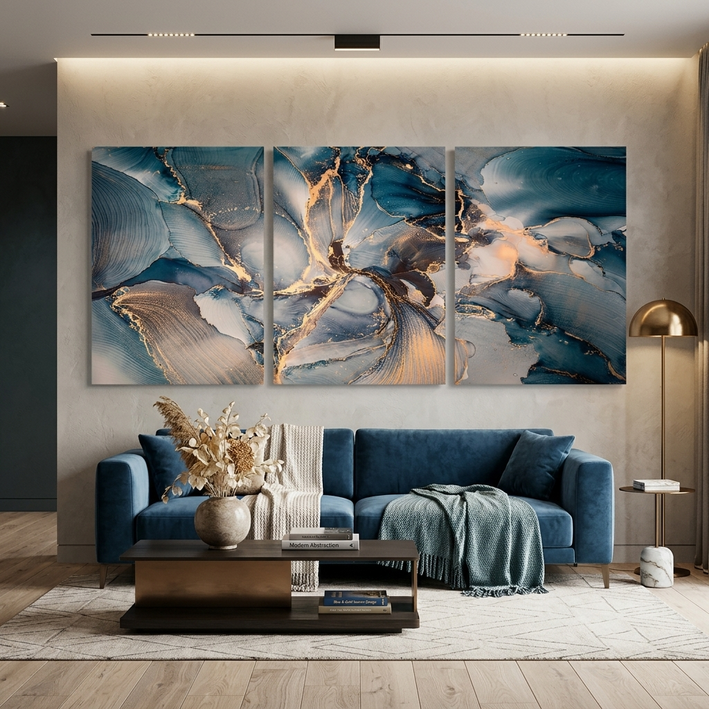 Modularer, graublauer abstrakter Kunstdruck mit goldenen Elementen, mehrere Teile auf Leinwand