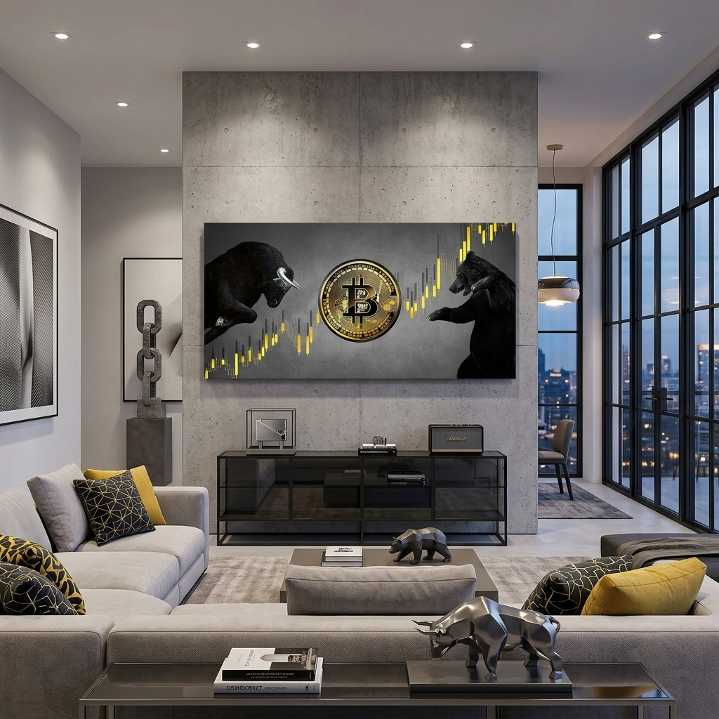 Bitcoin Bulle und Bär auf grauem Hintergrund Inspirierender Leinwand-Kunstdruck