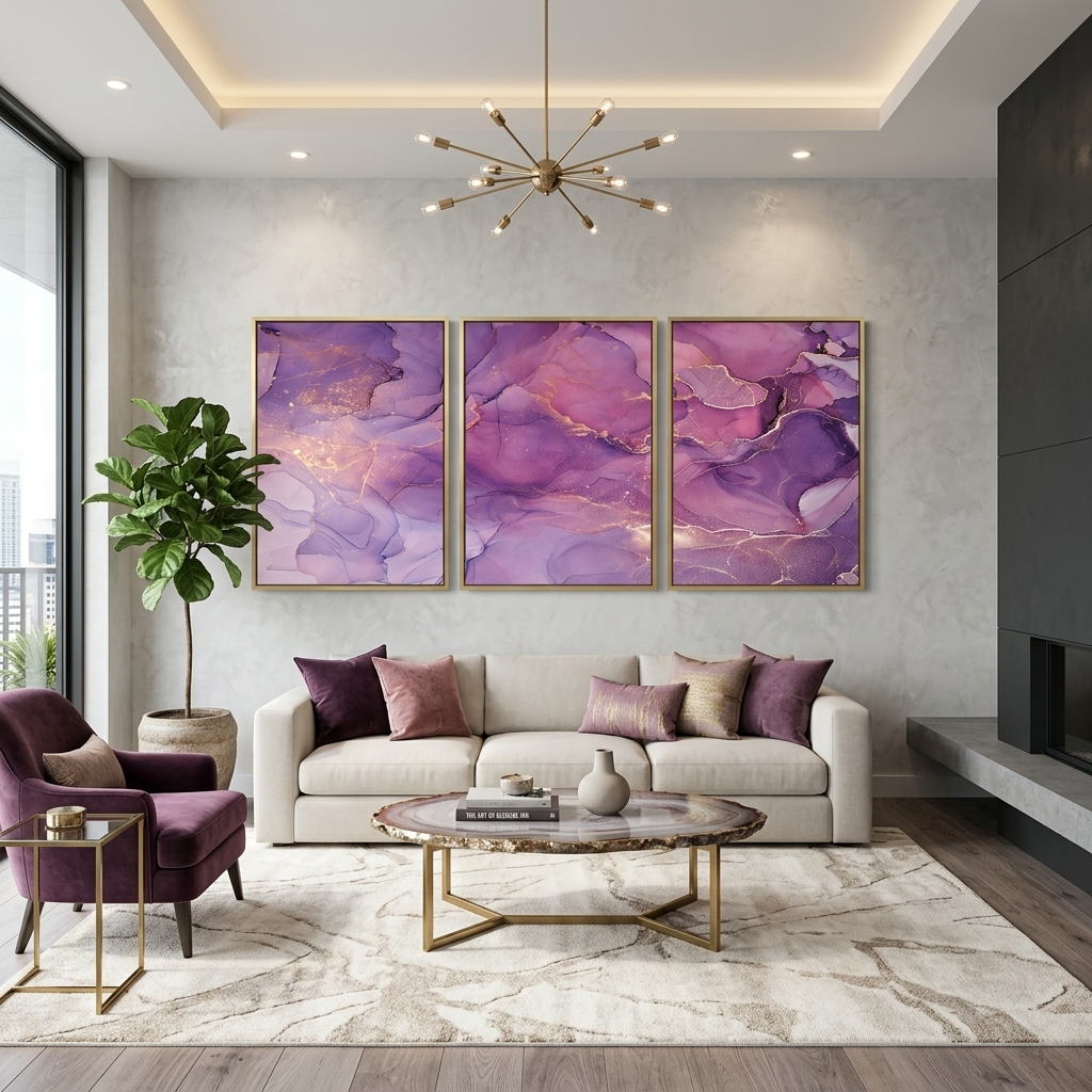 Modularer abstrakter Kunstdruck auf Leinwand, mehrere Teile, Rosa und Lila