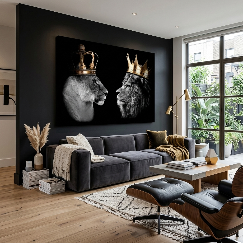 König der Löwen und Königin der Löwen auf schwarzem Hintergrund. Motivierender Kunstdruck auf Leinwand.