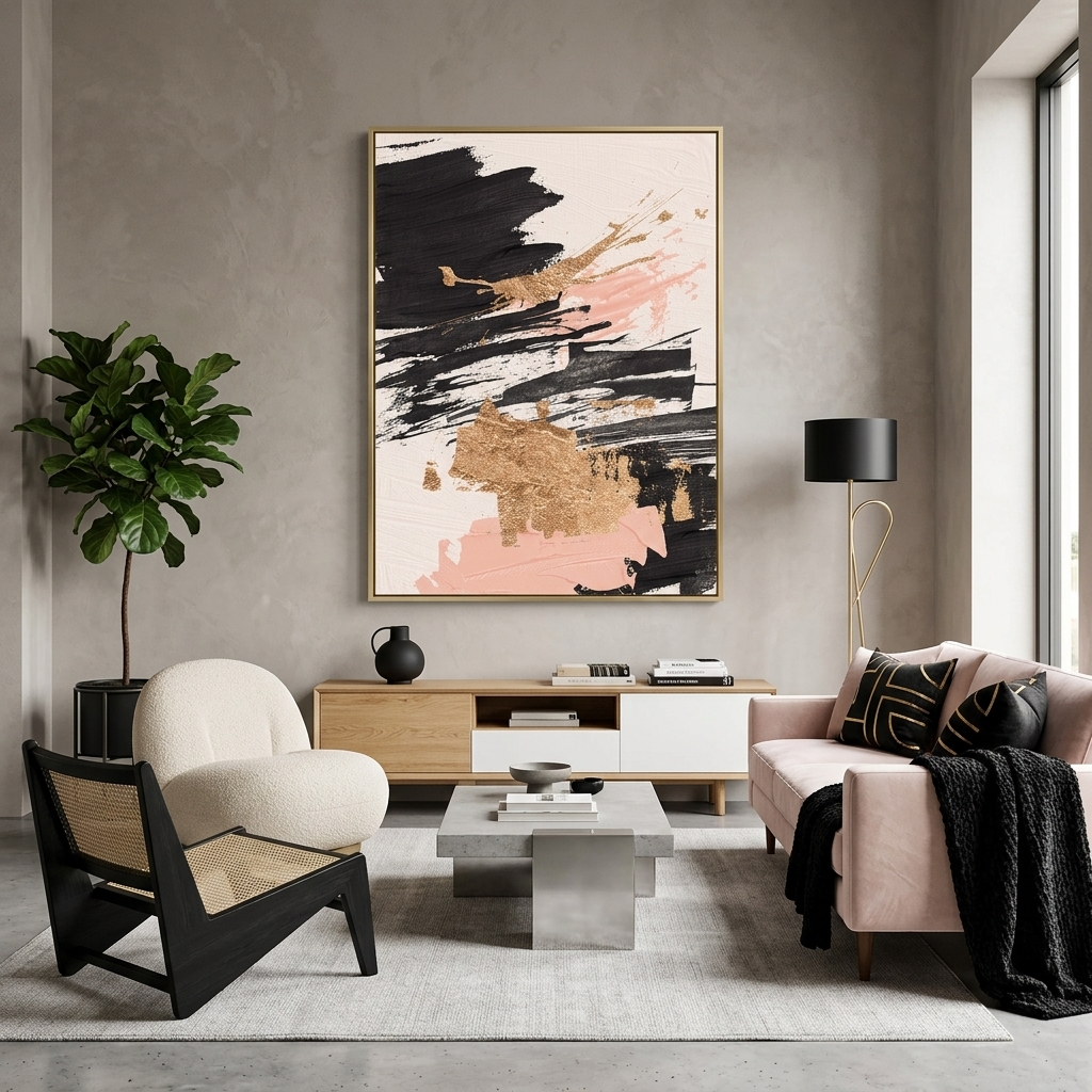 Striche in Schwarz- und Rosatönen mit GoldAbstraktion Leinwand Wand Kunstdruck