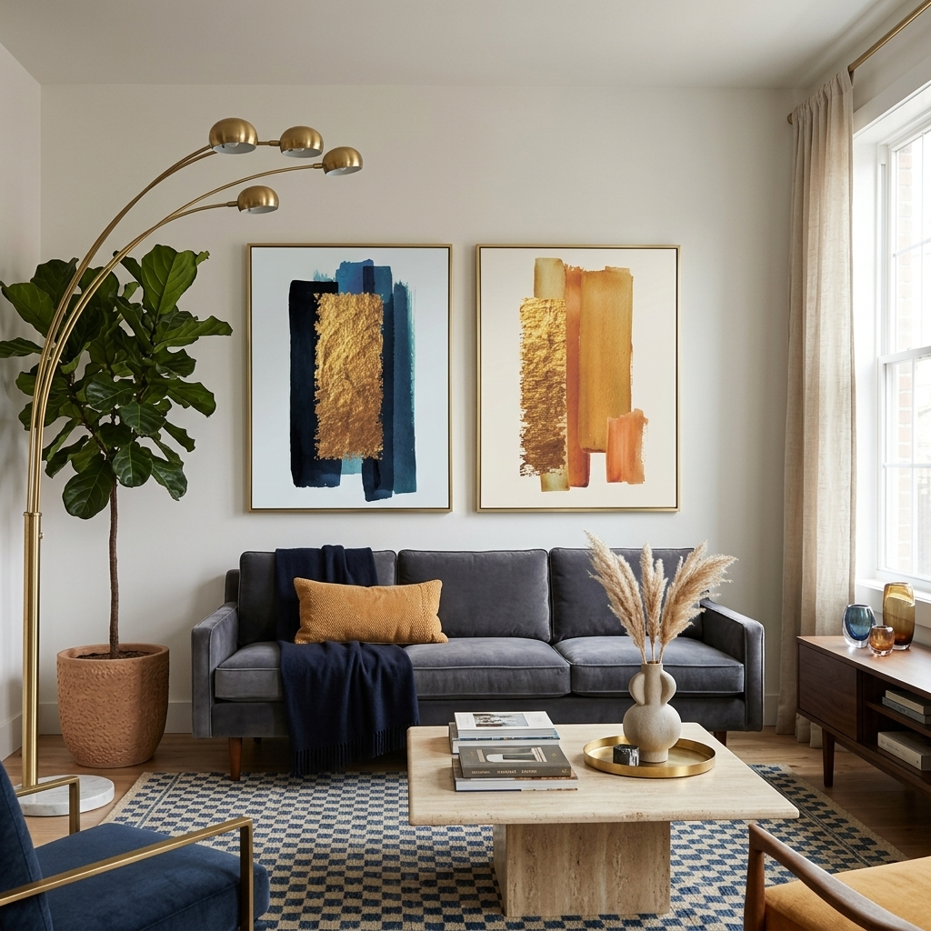 Modularer Kunstdruck auf Leinwand, mehrteilig, goldfarben und blau, auf weißem Hintergrund