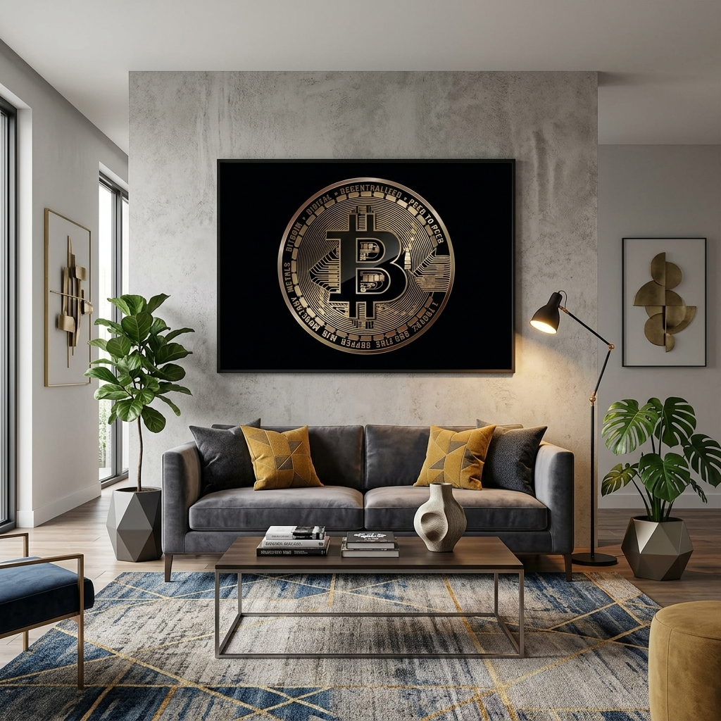 Bitcoin-Goldmünze auf schwarzem Hintergrund, inspirierender Kunstdruck auf Leinwand