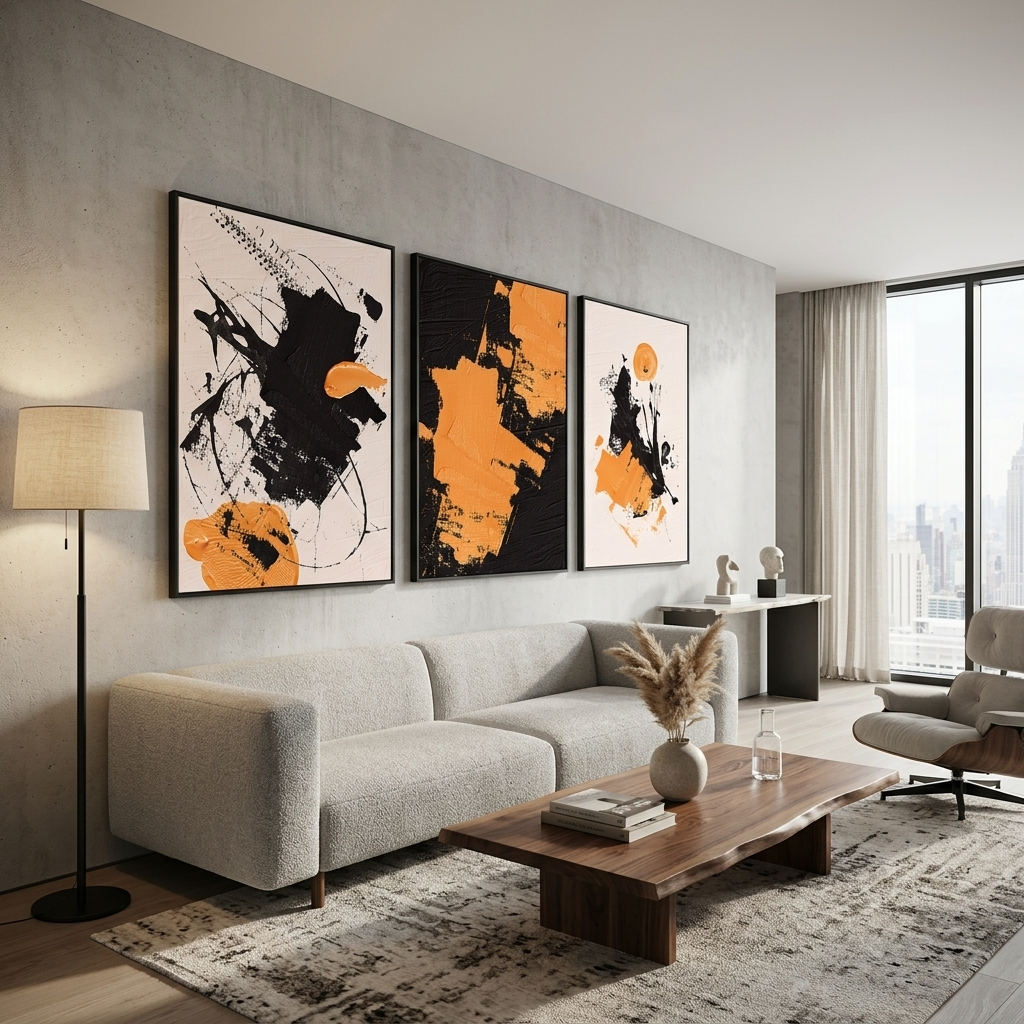Modularer abstrakter Kunstdruck auf Leinwand, mehrteilig, Schwarz und Gelb
