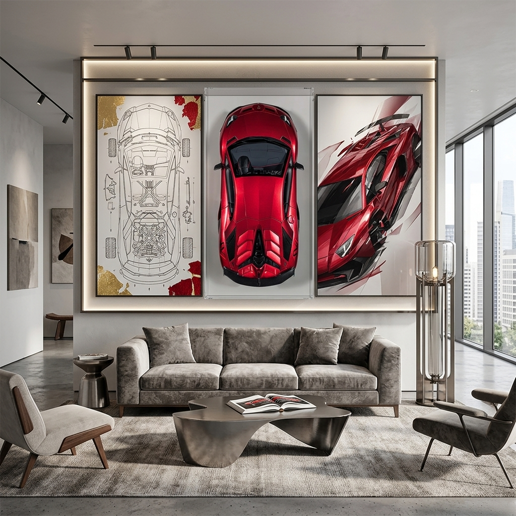 Das Auto ist ein kirschroter Lamborghini-Kunstdruck auf Leinwand.