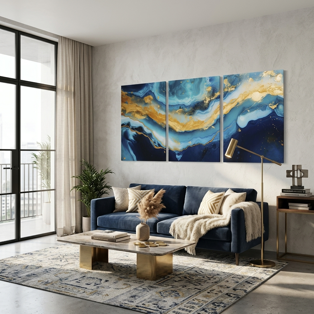 Mehrteiliger Kunstdruck auf Leinwand, Blauer Marmor mit Gold