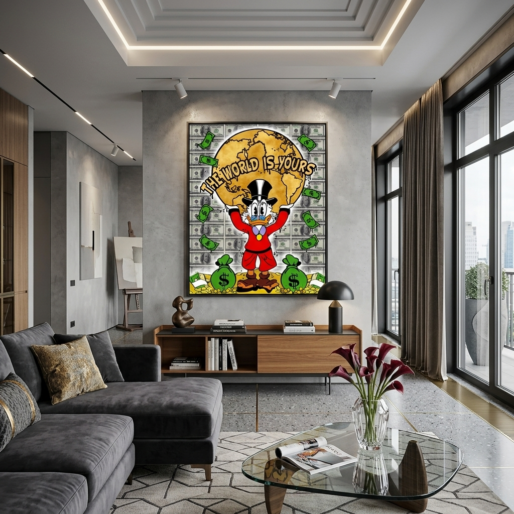 Dagobert hält den Planeten hoch und steht auf Goldmünzen mit der Aufschrift „DIE WELT GEHÖRT DIR.“ Inspirierender Kunstdruck auf Leinwand