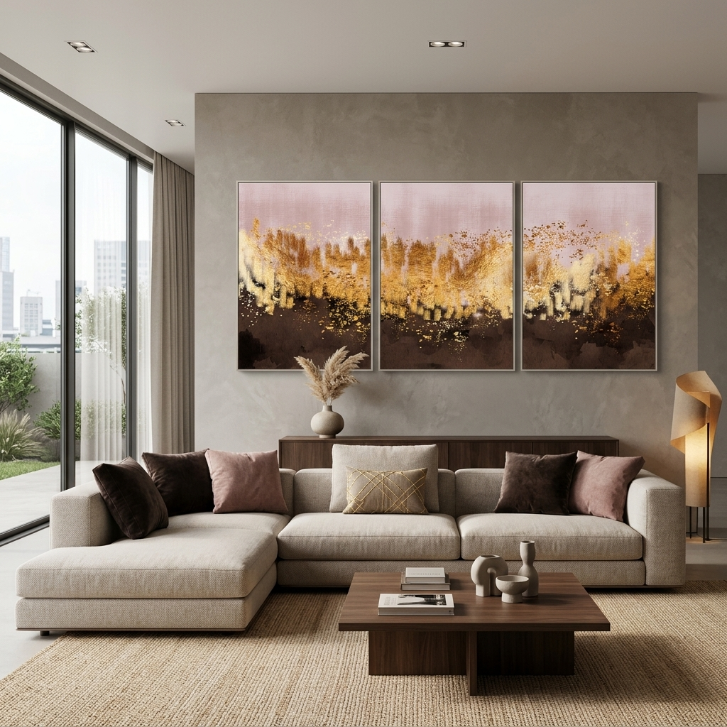 Modularer, abstrakter Kunstdruck auf Leinwand, mehrteilig, puderbraun mit goldenen Elementen