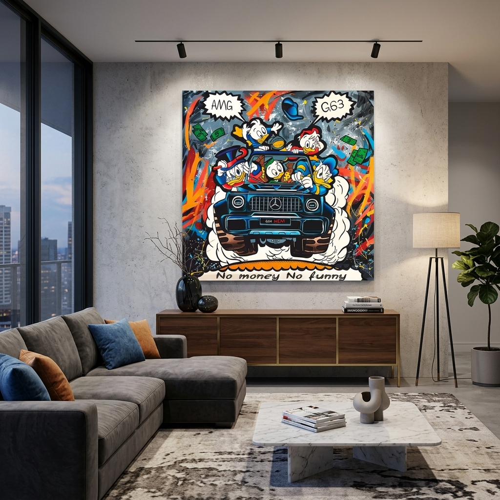 Inspirierender Kunstdruck auf Leinwand, Motiv „Scrooge on Mercedes“