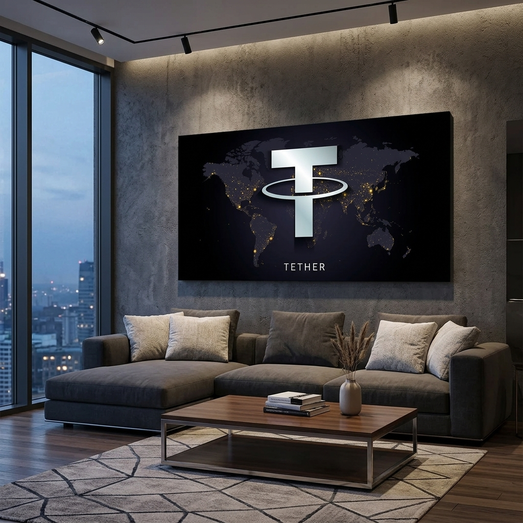 Tezer USDT-Logo auf dem Kartenhintergrund Inspirierender Leinwand-Kunstdruck