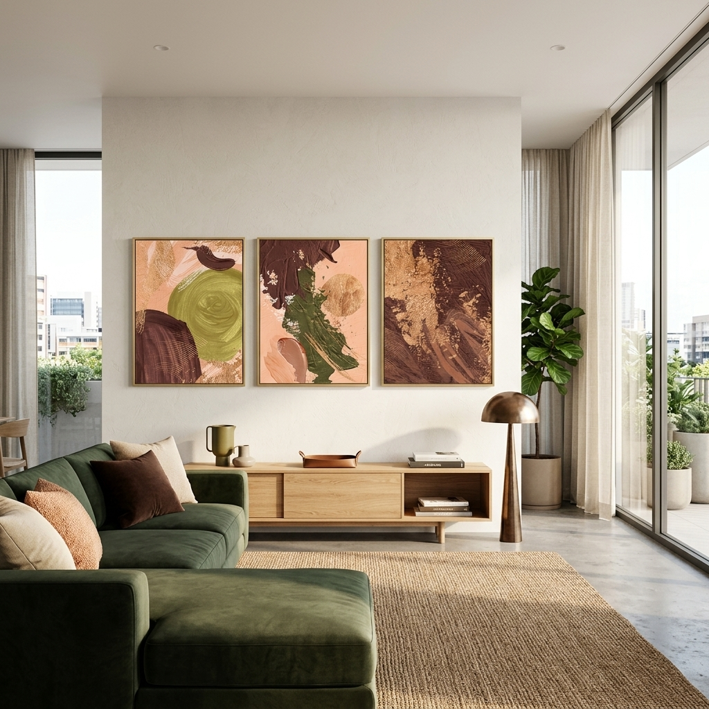 Modularer Kunstdruck auf Leinwand in Braun-Beige-Tönen mit grünen Elementen, mehrere Teile