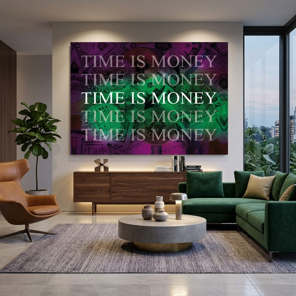 Dollar und Bitcoin Zeit ist Geld auf einem lila Hintergrund Inspirierender Leinwand-Kunstdruck