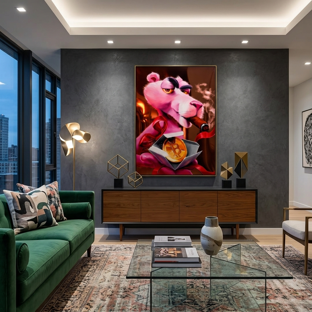 Inspirierender Leinwanddruck „Pink Panther und Bitcoin“