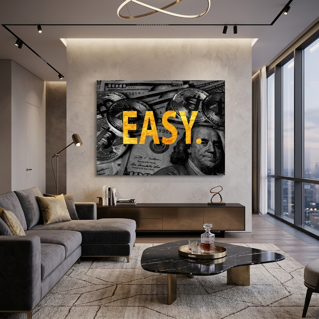 „EASY“ vor dem Hintergrund von Bitcoin-Dollars. Inspirierender Kunstdruck auf Leinwand.