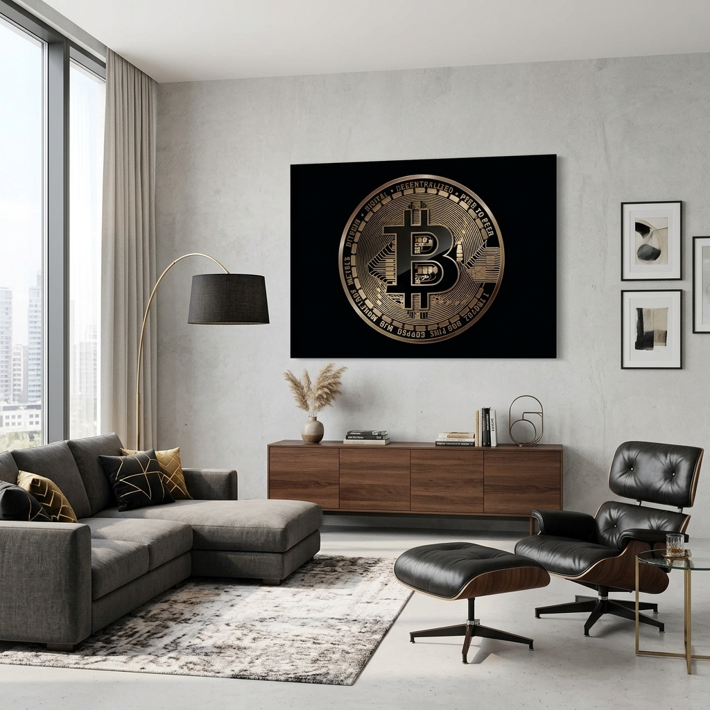 Bitcoin-Goldmünze auf schwarzem Hintergrund, inspirierender Kunstdruck auf Leinwand