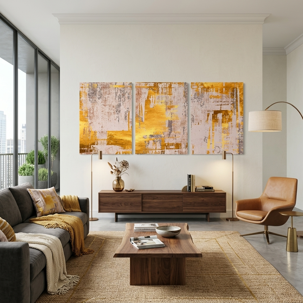 Modulare Abstraktion in Beige- und Goldtönen, mehrteiliger Kunstdruck auf Leinwand