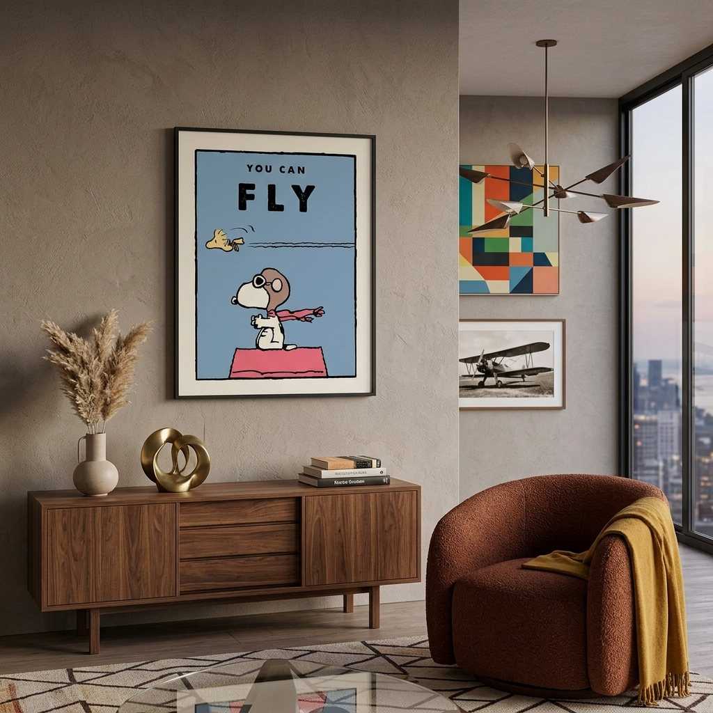 Ein Hündchen und ein Vogel mit den Worten „You Can Fly“ – motivierender Kunstdruck auf Leinwand