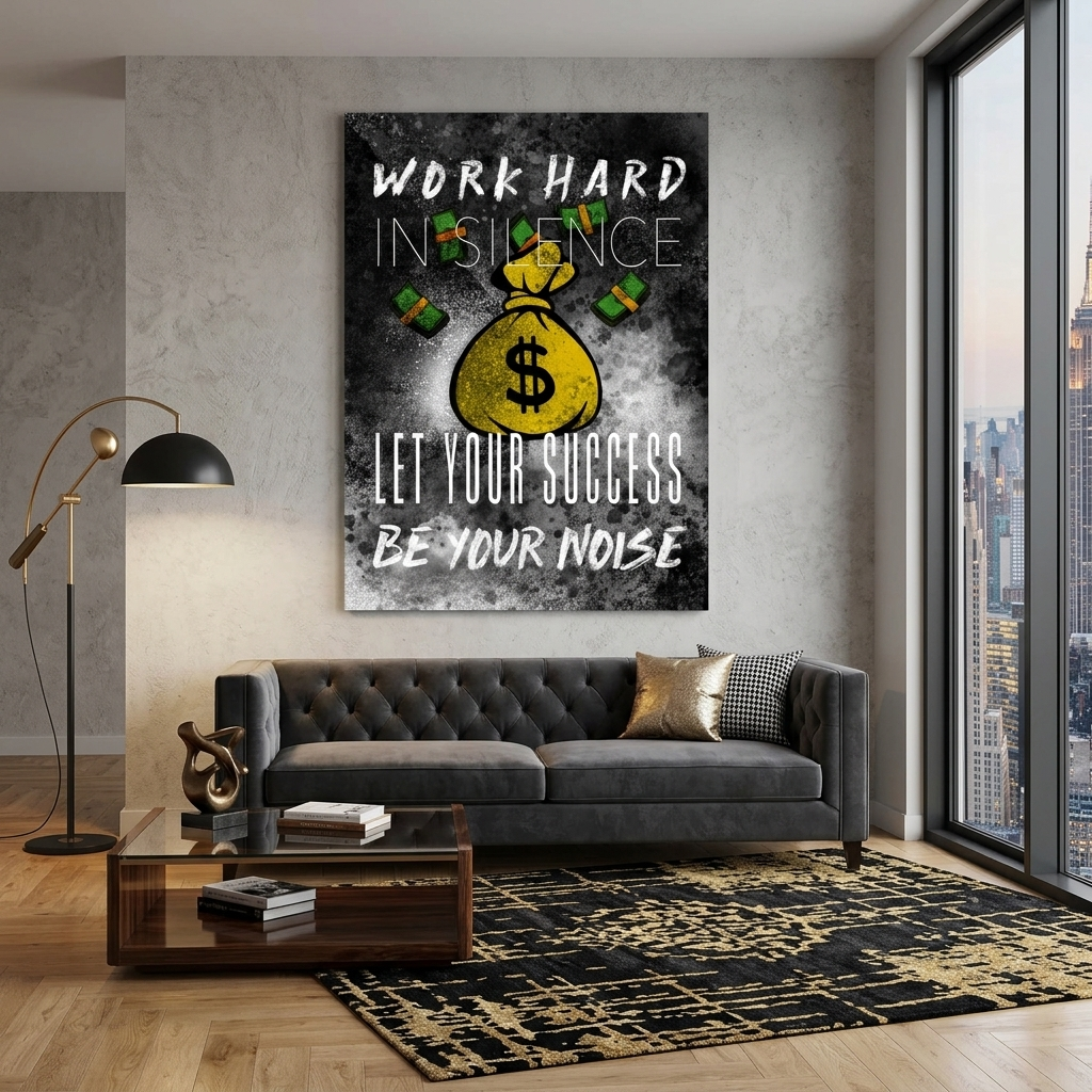 Zur Motivation Tasche mit Geld Arbeite hart in der Stille Motivierender Leinwand-Kunstdruck