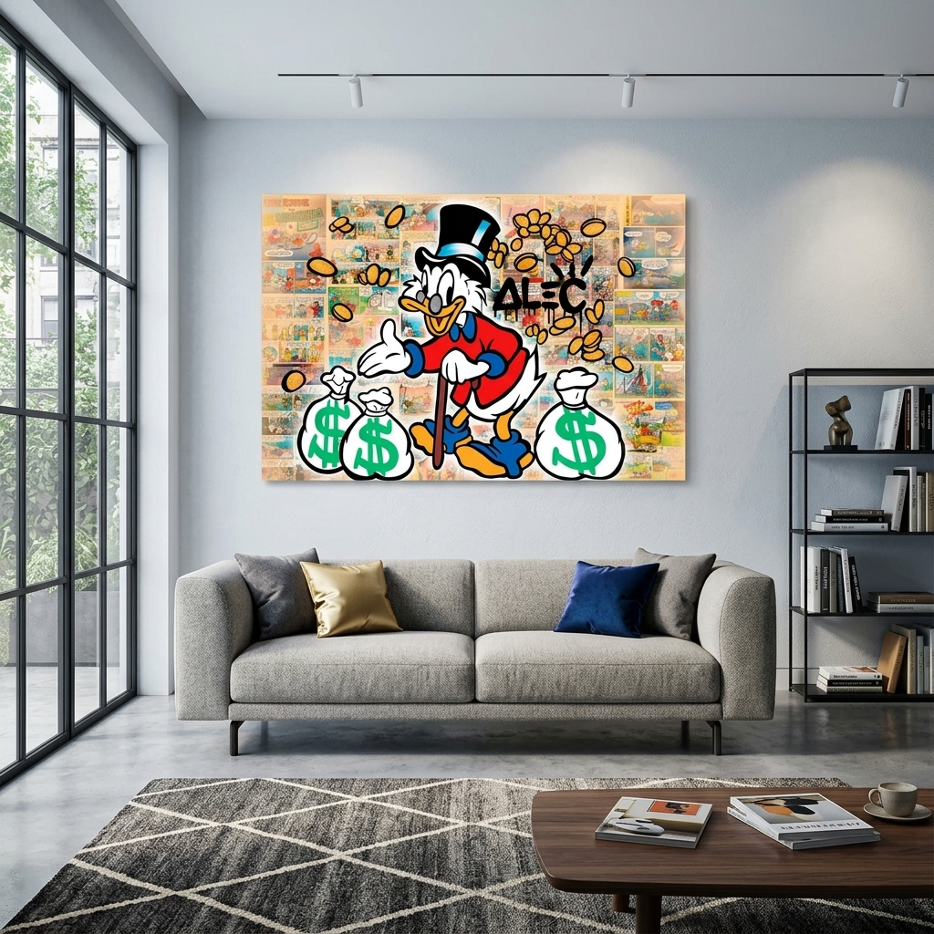 Dagobert Duck mit drei weißen Säcken voll Gold auf einem Comic-Hintergrund. Inspirierender Kunstdruck auf Leinwand.