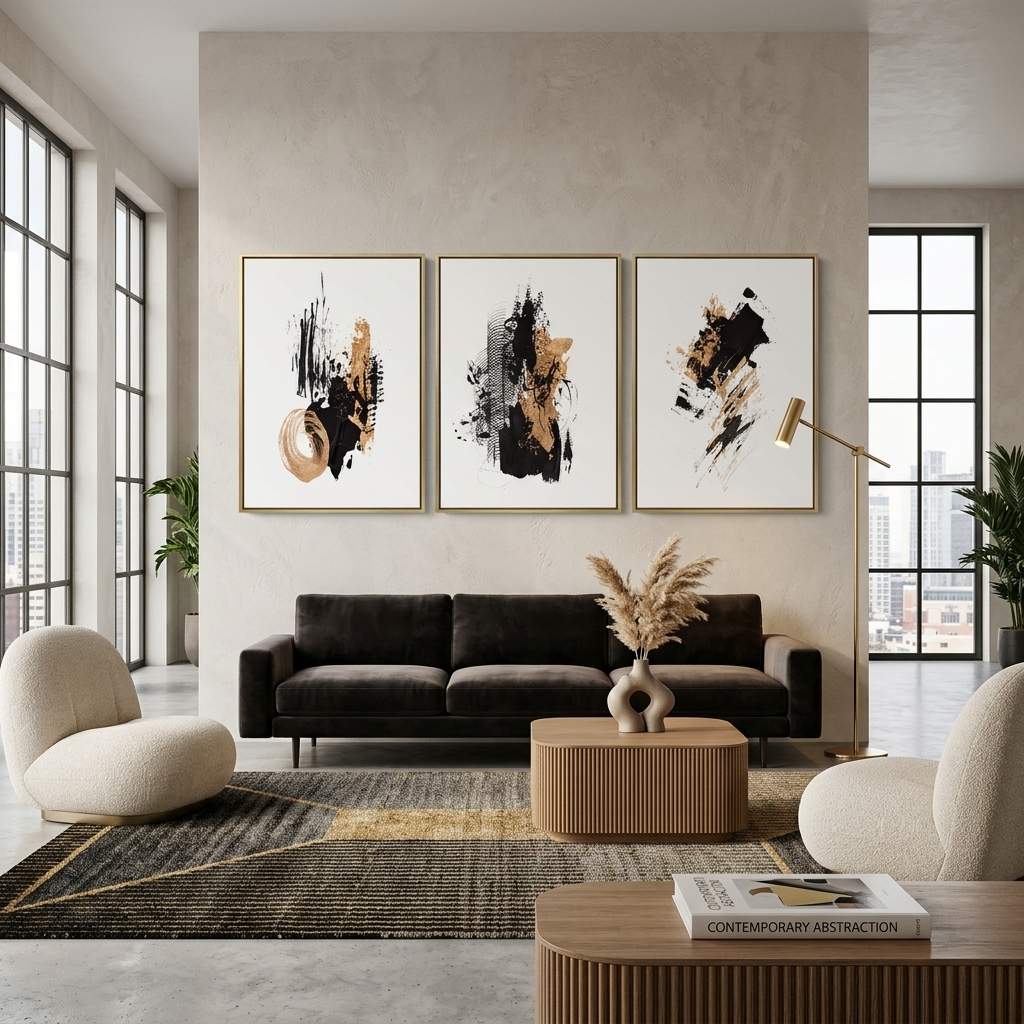 Modularer abstrakter Kunstdruck auf Leinwand, mehrteilig, Schwarz und Gold