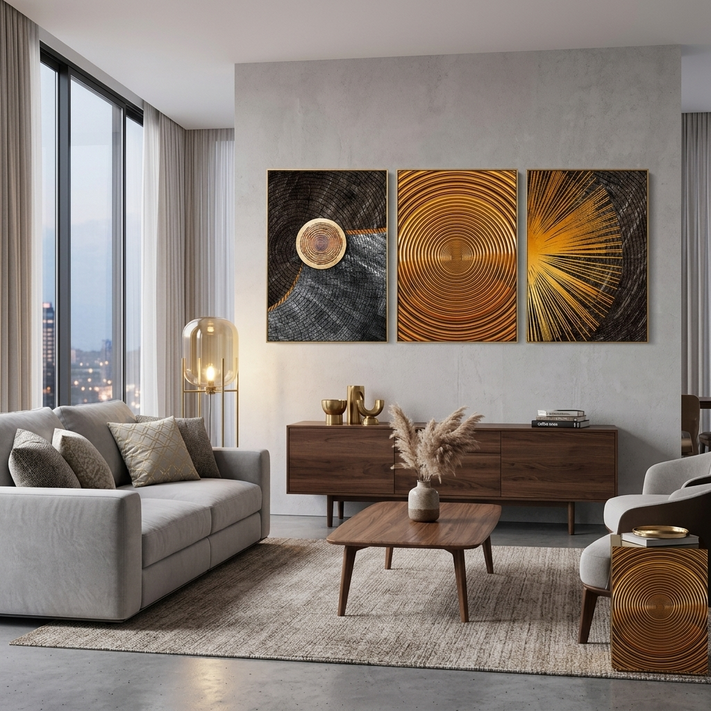 Modularer Kunstdruck auf Leinwand, mehrere Teile, in dunklen und goldenen Farbtönen