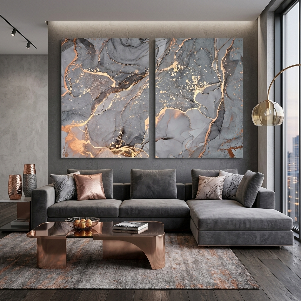 Modularer, grauer, abstrakter Kunstdruck mit goldenen Linien, mehrere Teile auf Leinwand
