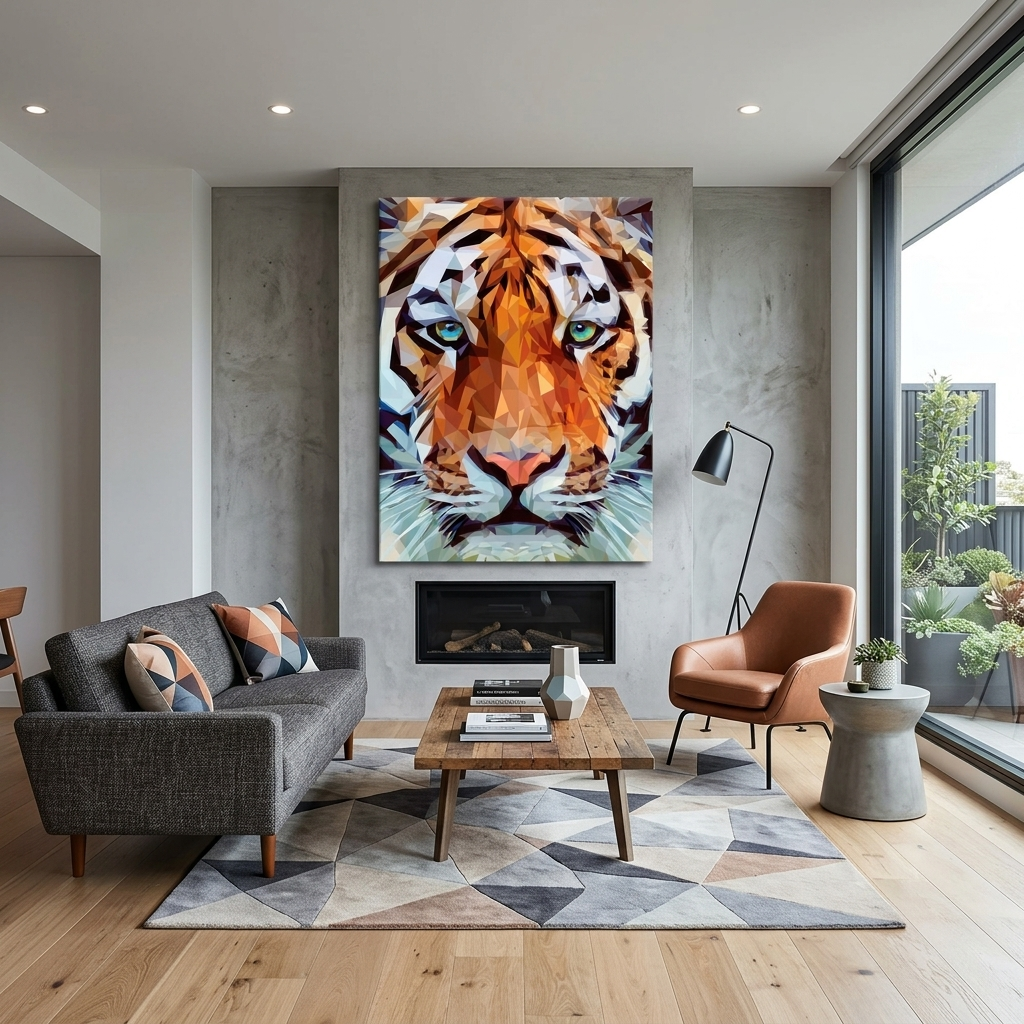 Geometrischer Kunstdruck auf Leinwand mit starkem Löwenmotiv