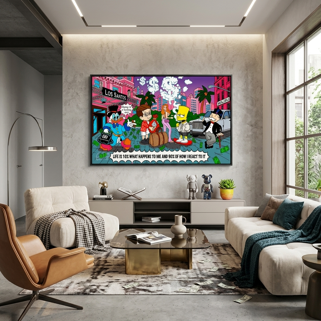 Scrooge, Bart Simson, Alec Monopoly und ihre Freunde Inspirierender Kunstdruck auf Leinwand