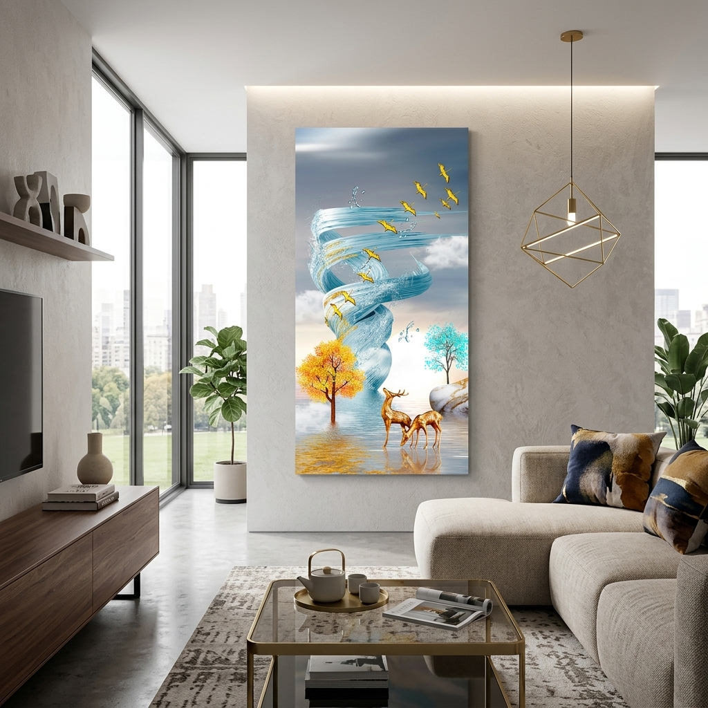 Zwei Hirsche vor dem Hintergrund eines Wassertornados in einem sanften Blauton. Abstrakter Kunstdruck auf Leinwand.