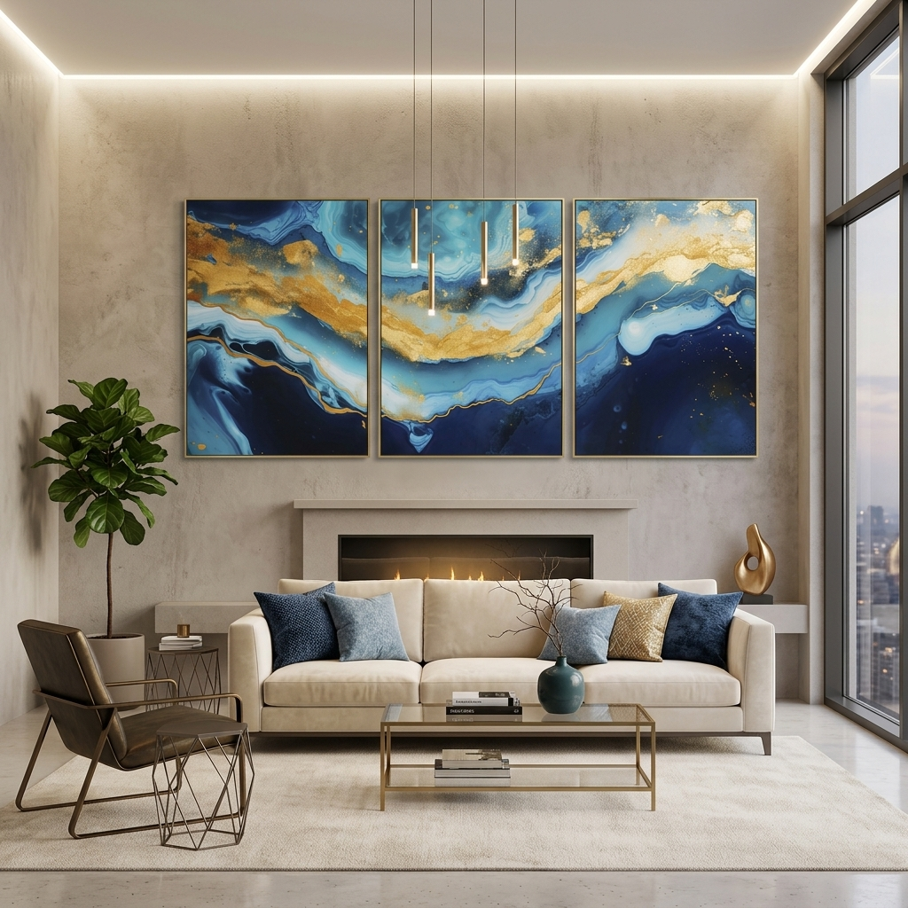 Mehrteiliger Kunstdruck auf Leinwand, Blauer Marmor mit Gold