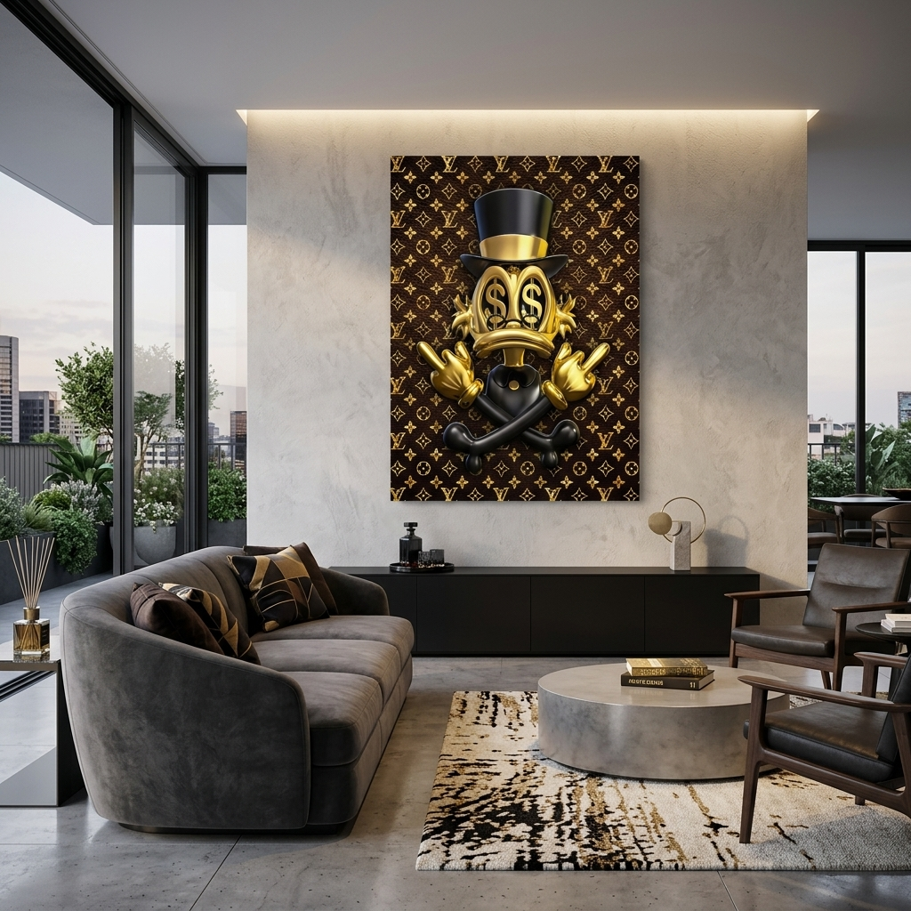 Scrooge ist golden im Hintergrund von Chanel Inspirational Canvas Wall Art Print