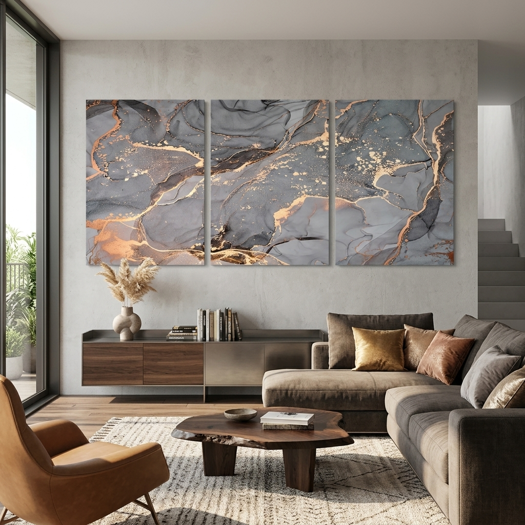 Modularer abstrakter Kunstdruck auf Leinwand, mehrere Teile, grau-gold
