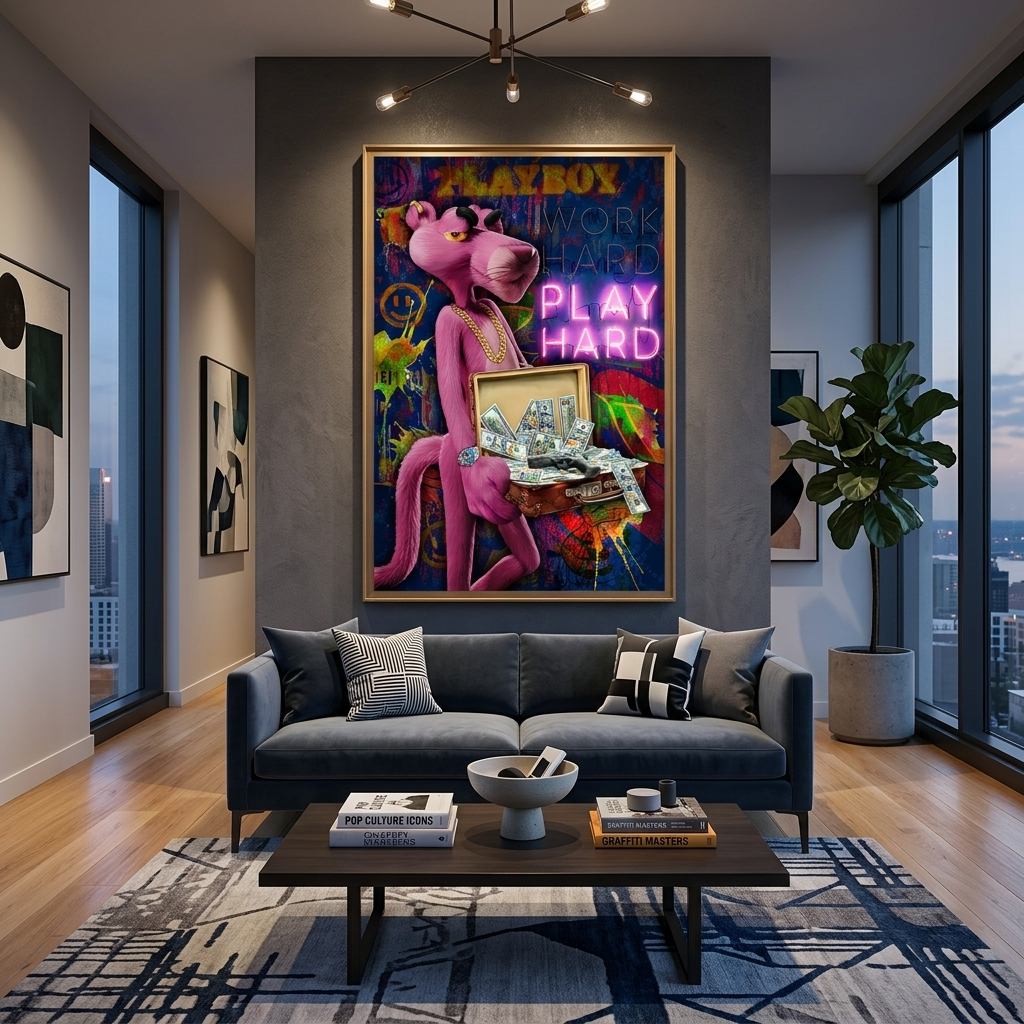 Pink Panther spielt für Erwachsene. Motivierender Kunstdruck auf Leinwand