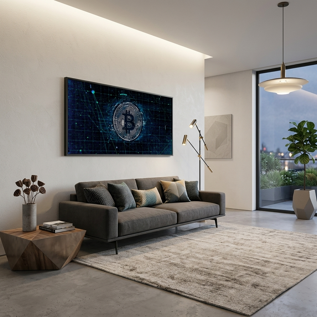 Bitcoin in Silberfarbe auf dunkelblauem Hintergrund Inspirierender Leinwand-Kunstdruck