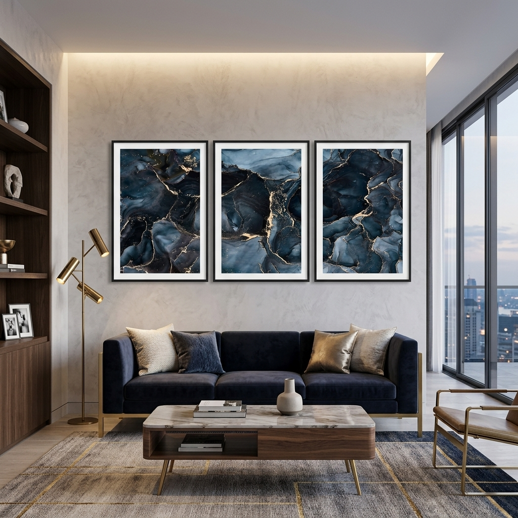 Modulare Abstraktion in dunklen Blau- und Goldtönen, mehrteiliger Kunstdruck auf Leinwand
